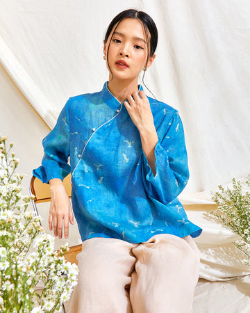 Crane Cheongsam Top (Turquoise)